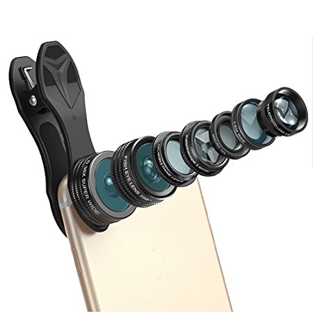 KobraTech 9 in 1 Cell Phone Lens Kit - Super Wide Angle Lens, Kaleidoscope Lens, Macro Lens, Fisheye Lens, Telephoto Lens, CPL Lens & Wide Angle Lens, Bluetooth Remote Shutter & LED Light
