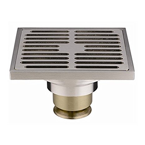 PHASAT Contemporary 4 inches Square Brushed Nickel Finish Brass Floor Drain with Removable Strainer 80301N