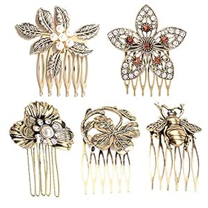 5 Pcs Vintage Hair Combs Alloy Hair Side Comb Clips Rhinestones Pearl Leaf Flower Honeybee Hair Comb Pin Clips Hair Accessories for Women and Girls