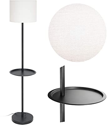 Standing Floor Lamp with Table Attached, Guarantled 5 Ft Tall Black Reading Lamp for Living Room, Fabric Shade Torchiere, 9W 3000K LED Bulb Included, Rotary Switch, 6ft Cord with 2 Prong Plug, Non Dim