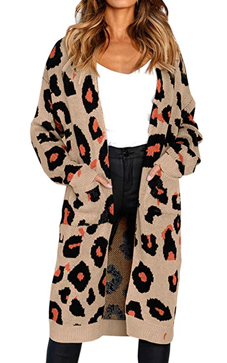 Angashion Women's Long Sleeves Leopard Print Knitting Cardigan Open Front Warm Sweater Outwear Coats with Pocket