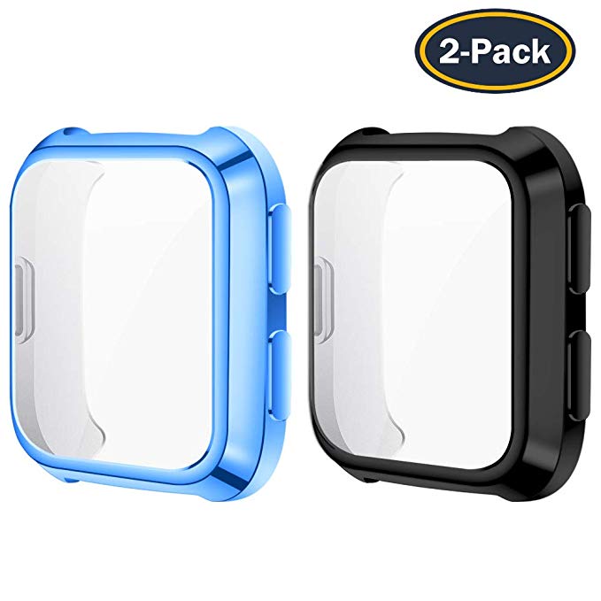QIBOX Cover Compatible with Fitbit Versa(2-Pack), All-Around Screen Protector Case Bumper Shell Soft TPU Plated Bumper Compatible with Fitbit Versa Smartwatch [Scratch-Resist][Full-Protector]