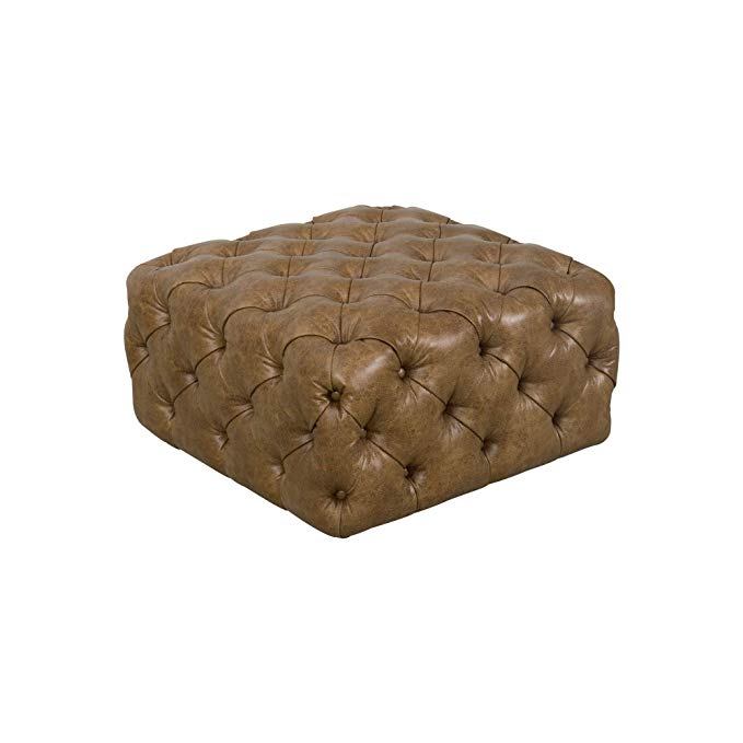 HomePop Large Square Tufted Ottoman, Light Brown Faux Leather