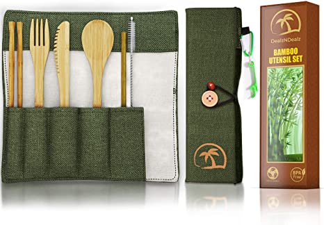 DEALZNDEALZ 9-Piece Bamboo Utensil Set – Reusable Cutlery Travel Set – Portable Bamboo Flatware for Kids & Adults – Bamboo Fork, Knife, Spoon, Chopsticks – Comes in a Well-Designed Washable Case