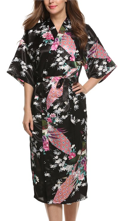 Avidlove Women's Robes Peacock and Blossoms Kimono Satin Nightwear Long Style