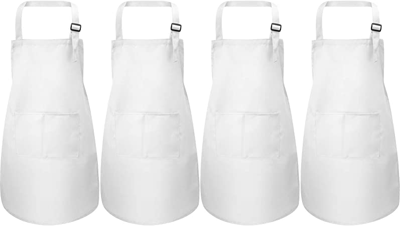 Yaomiao 4 Pieces Kids Apron with Pocket Children Adjustable Chef Apron for Cooking Baking Painting (White M for 7-13 Age)