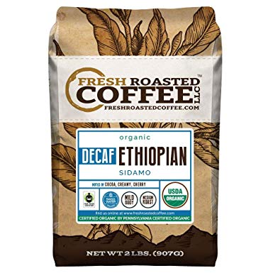 Fresh Roasted Coffee LLC, Organic Ethiopian Sidamo Decaf Coffee, Water Process Decaf, USDA Organic, Fair Trade, Medium Roast, Whole Bean, 2 Pound Bag