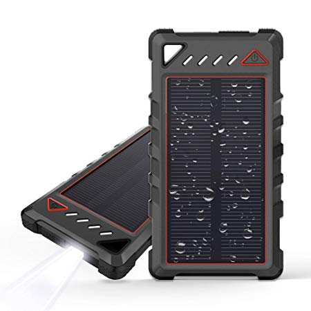 Portable Solar Charger, BEARTWO 10000mAh Ultra-Compact External Batteries with Dual USB Ports, Waterproof Solar Power Bank with Flashlight Compatible with iPhone, Samsung Galaxy and More