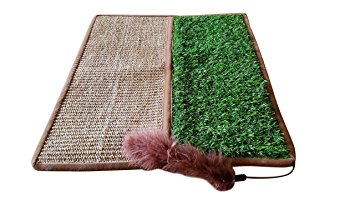 Premium Interactive Cat Scratch and Lounge Mat with Artificial Grass, Crinkle Sound, and Feather Toy