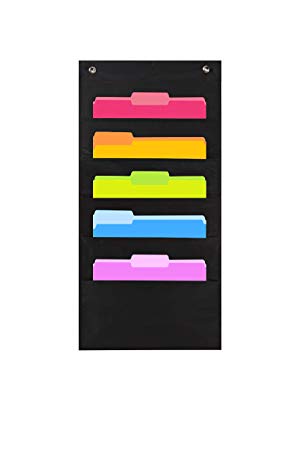 Heavy Duty Storage Pocket Chart with 5 Pockets, 2 Over Door Hangers Included, Hanging Wall File Organizer by Hippo Creation - Organize Your Assignments, Files, Scrapbook Papers & More (Black)