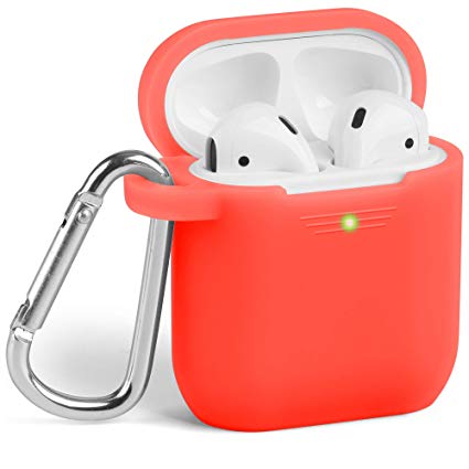 GMYLE AirPod Case, Protective Silicone Cover Skins with Keychain for Airpods Earbuds Wireless Charging Case, Accessories Set Compatible with Apple AirPods 1 & 2, Neon Orange