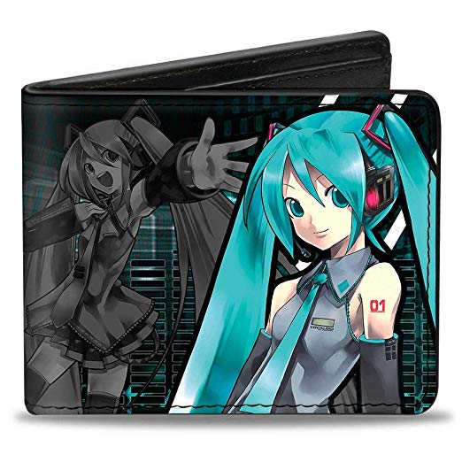 Buckle-Down Men's Wallet Hatsune Miku Pose/singing Pose/equalizer Black/aqua Accessory, -Multi, One Size