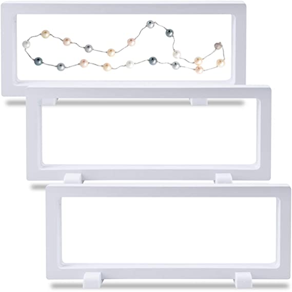 Coin Display Case 3 PCS 3D Display Frames with Stands Jewelry Display Case Suspending / Floating Effect Holder for Displaying Perls, Medals, Specimens and Challenge Coins (3 PCS White, Rectangle)