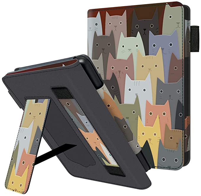 Huasiru Handheld Case for All Kindle Paperwhite Generations - PU Leather Protective Cover with Hand Strap, Cats