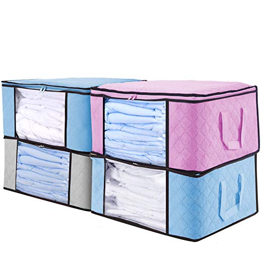 senbowe Large Foldable Storage Bags, [4 Pack] Collapsible/Foldable Storage Bag Organizers, Large Clear Window, Handles, Zippers,for Clothes, Blankets, Closets, Kitchen,Bedrooms - (21.7 x 15.7 x 9.8”)