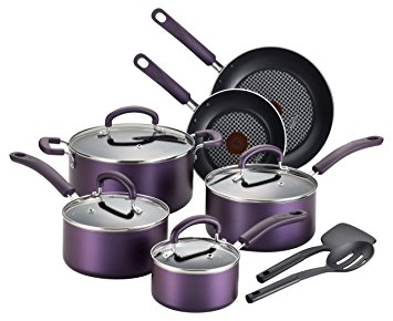 T-fal B131SC Color Luxe Hard Titanium Nonstick Thermo-Spot Dishwasher Safe PFOA Free Cookware Set, 12-Piece, Purple