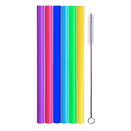 Reusable Boba Smoothie Straws, 10” Long Extra Wide Fat Silicone Straws for Drinking Bubble Tea, Milkshakes, Set of 6 with Cleaning Brush