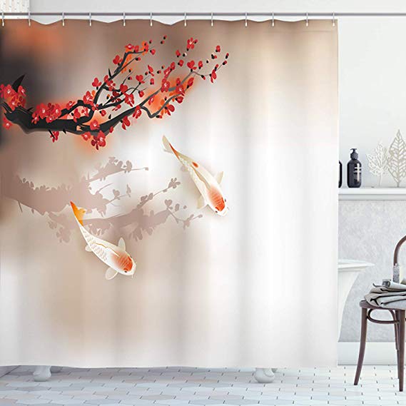 Lunarable Koi Fish Shower Curtain, Sakura Branch and Leaves Animals in Small Body of Water Oriental Style, Cloth Fabric Bathroom Decor Set with Hooks, 75" Long, Peach Black Red