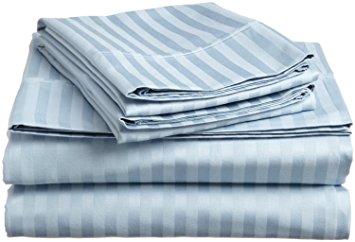 Sale 1000 Thread Count 1-Piece Flat Sheet/ Top Sheet King Size Light Blue Striped Egyptian Cotton, Made by SRP LINEN