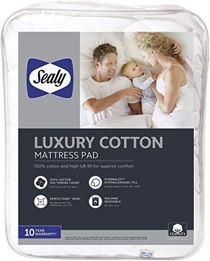 Sealy Luxury 100% Cotton Fitted Mattress Pad, Twin, White