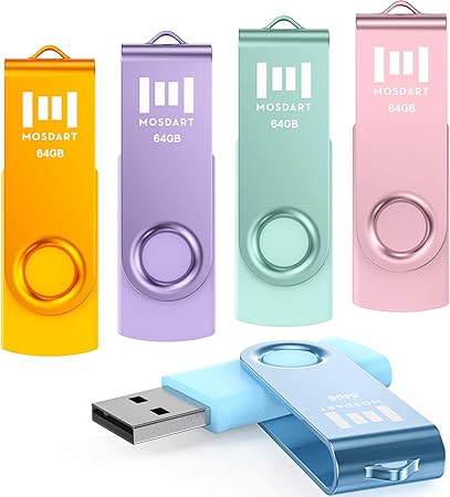 MOSDART 64GB USB Flash Drive 5 Pack, 64 GB Multicolor Multipack USB2.0 Thumb Drives, Swivel Design with LED Light, exFAT Jump Drive Memory Stick for Computers, Data Storage