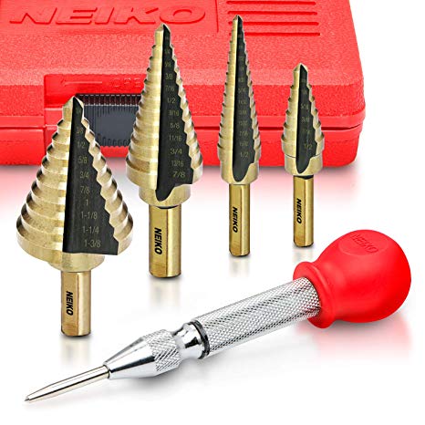 Neiko 10169A Titanium Step Drill Bit Set with Automatic Center Punch, 5-Piece | High Speed Steel | SAE | Total 41 Sizes