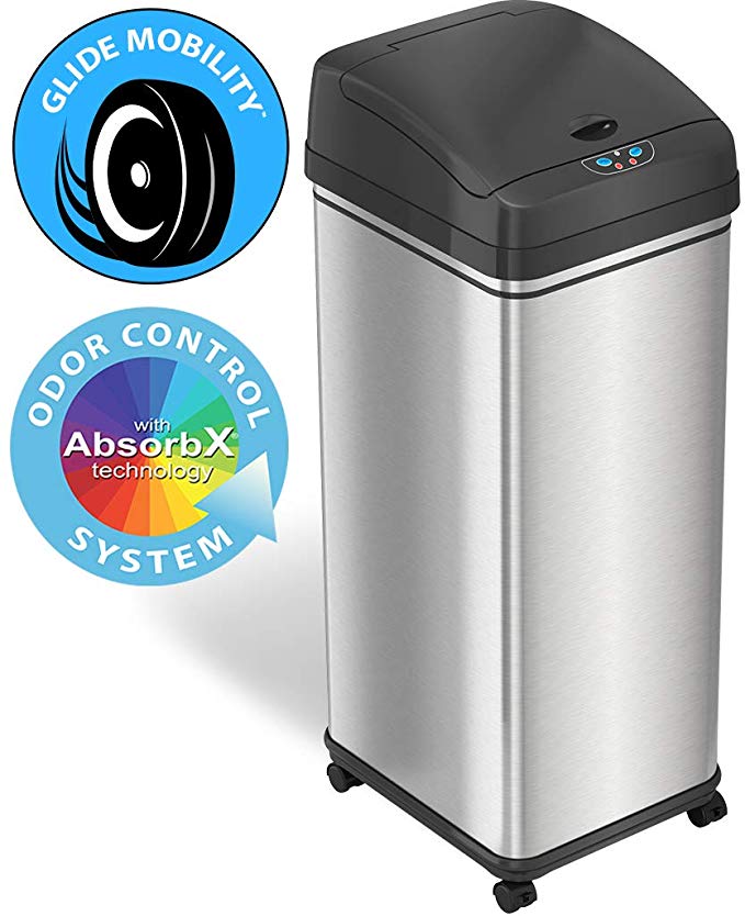 iTouchless Glide 13 Gallon Sensor Garbage Can with Wheels and Odor Control System, Stainless Steel, Automatic Kitchen Bin and Office Trash Bin (Powered by Battery or Optional AC Adapter)