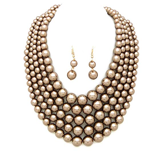 Women's Simulated Faux Pearl Five Multi-Strand Statement Necklace and Earrings Set