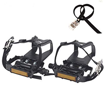 NAMUCUO Bike Pedals with Clips and Straps, for Exercise Bike, Spin Bike and Outdoor Bicycles, 9/16-Inch Spindle Resin/Alloy Bicycle Pedals, Half Year Warranty (Black)