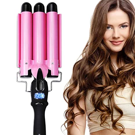 Three Barrel Curling Iron Wand with LCD Temperature Display - 1 Inch Ceramic Tourmaline Triple Barrels 176°F to 410°F Fast Heating - for All Types of Hair