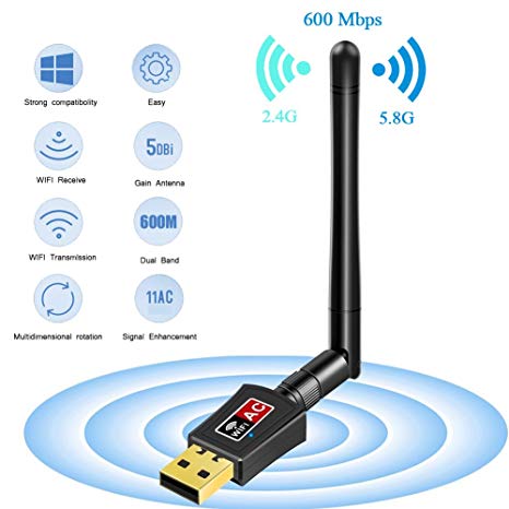 TunTun 600Mbps Wireless USB WiFi Adapter, Dual Band 2.4G/5.8G Wireless Network Adapter, USB WiFi Dongle Adapter with External Antenna for PC/Desktop/Laptop,Support Windows XP/7/8/10 and Mac OS System