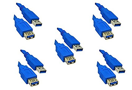 C&E 5 Pack USB 3.0 A Male to A Female extension cable 10 Feet Blue, CNE464065