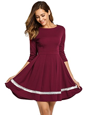 Beyove Women's Vintage Scoop Neck 3/4 Sleeve Casual A-Line Swing Cocktail Party Dress