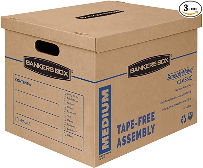 Bankers Box SmoothMove Classic Moving Boxes, Tape-Free Assembly, Easy Carry Handles, Medium, 18 x 15 x 14 Inches, (7717201)