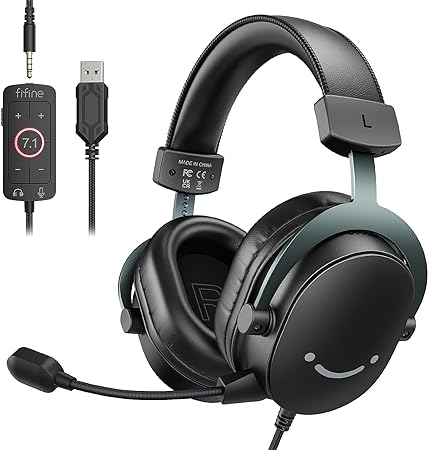 FIFINE Gaming USB Headset with 3.5mm Audio Jack, PC Over-Ear Headset with 7.1 Surround Sound, Detachable Microphone, Volume Control, Gaming Wired Headphones Black for PS5/Switch/XBOX-AmpliGame H9