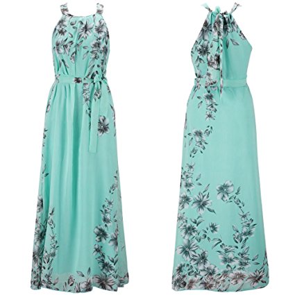 Ensnovo Womens Bohemia Floral Chiffon Long Dress Summer Beach Maxi Dress