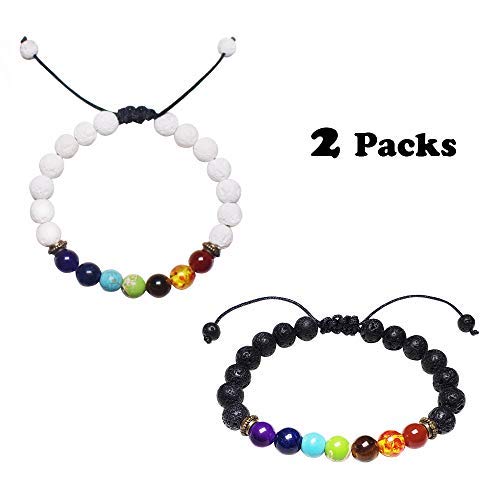 2 Packs Chakra Bracelet Lava Stone Diffuser Bracelet Adjustable Essential Oil Bracelet 7 Chakra Beads Energy Bracelet for Men/Women 8mm