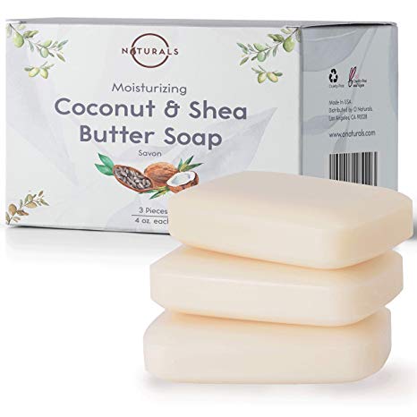 O Naturals 3 Piece Moisturizing Organic Coconut Oil, Shea Butter Bar Soaps. Softens & Nourishes Dry Skin. Face, Hands & Body Wash. Made in USA. Triple Milled, Vegan. 4 Ounce Each