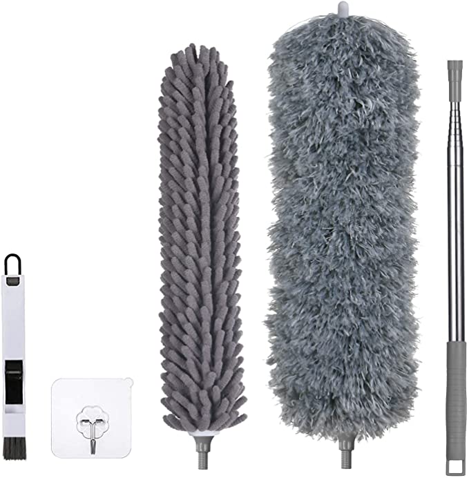 Vicloon Feather Duster Extendable, 2-in-1 100 Inches Microfiber Duster Includes 2 Heads, Cleaning Steel Telescopic Duster with Bendable and Window Slot Cleaning Brush Hand for Cleaning Fans, Cars