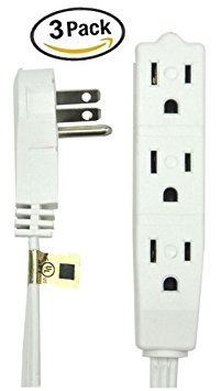 BindMaster 15 Feet Extension Cord / Wire, 3 Prong Grounded, 3 outlets, Angeled Flat Plug , White (3 Pack)