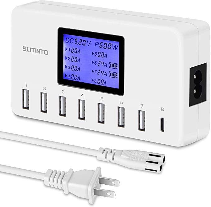 USB Charger, slitinto 60W 12A 8-Port USB Charging Station Multi Port USB Hub Charger Compact Size LCD Display Compatible with iPhone iPad Samsung Kindle Tablet Bluetooth Earbuds and More