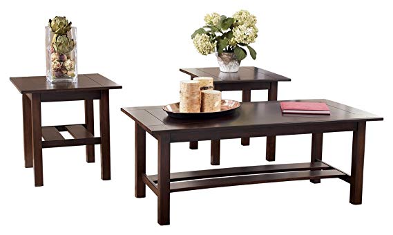 Ashley Furniture Signature Design - Lewis Occasional Table Set with Plank Style Shelves - Contains Cocktail Table & 2 End Tables - Contemporary - Medium Brown