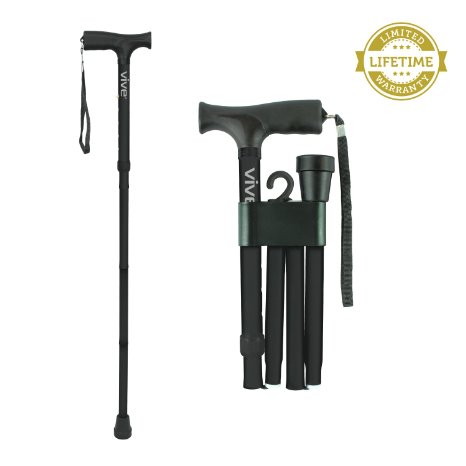 Folding Cane by Vive - Sturdy Lightweight Walking Stick for Men & Women - Collapsible Cane Design for Portability & Convenience - Sleek & Fashionable Look - Lifetime Guarantee (Black)