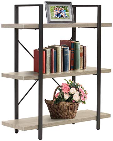 Sorbus Bookshelf 3 Tiers Open Vintage Bookcase Storage Organizer, Modern Industrial Style Bookshelves Furniture for Home Office, Wood Look & Metal Frame (3-Tier, Light Grey)