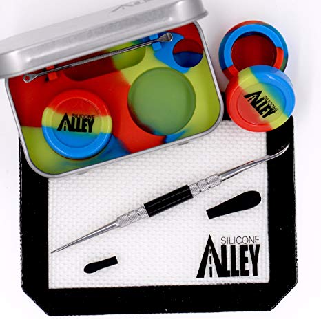 SILICONE ALLEY Wax Carving Travel Kit - [Red/Blue/Green] Nonstick Tin with Silicone Jar Containers 5ml (2 units)   Stainless Steel Carving Tool (1)   Mini Carver Tool (1)   Wax Mat 3" x 5" (1)