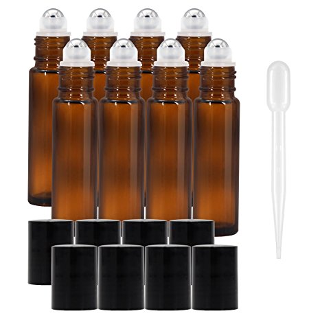 Glass Roller Bottles - Amber, 10ml, Pack of 8 by Proteove, Stainless Steel Roller Balls and Droppers Included