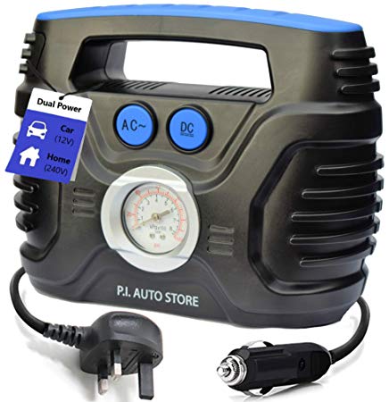P.I. Auto Store - Tyre Inflator - Dual Electric Power 12V DC (vehicle) OR 240V AC (mains). Portable Air Compressor Pump - Top Car Accessories for Men