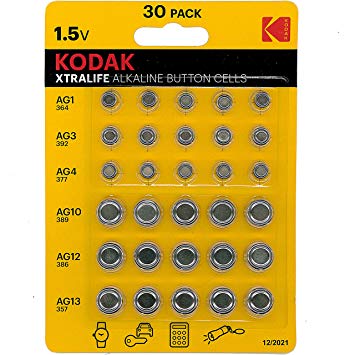 Kodak Xtralife 30 x Alkaline button cell batteries - AG1 364 - AG3 392 - AG4 337 - AG10 389 - AG12 386 - AG13 357