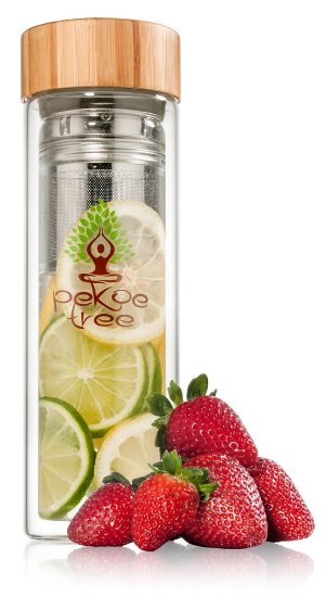 Pekoe Tree Glass Tea Tumbler with Strainer and Neoprene Sleeve ✪ Our Stainless Steel Deep Infuser Allows You to Enjoy Your Favorite Blend of Herbs, Fruit or Loose Leaf Tea for Truly Organic Vitamin Rich Hydration ✪ Durable Double Walled Travel Mug