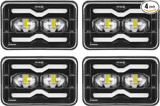 SUPAREE 4pcs 4x6 led headlights high low beam, Black 6x4 inch Truck Rectangle Led Headlight Replacement Assembly DRL Amber H4651 H4652 H4656 H4666 H6545 for Feightliner Peterbil KW Ford Probe Chevy